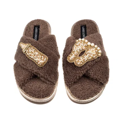 Laines London Women's Brown / Neutrals Laines Neutral Boucle Slippers With New Baby Gold Brooches - Mink