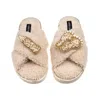 Laines London Women's Brown / Neutrals Laines Neutral Boucle Slippers With New Baby Gold Brooches - Oatmeal