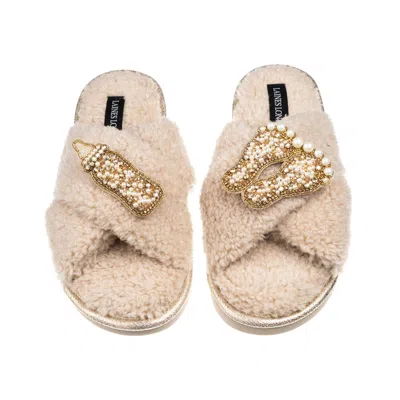 Laines London Women's Brown / Neutrals Laines Neutral Boucle Slippers With New Baby Gold Brooches - Oatmeal