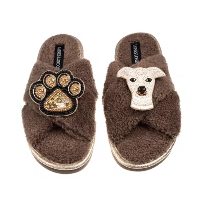 Laines London Women's Brown / Neutrals Laines Neutral Boucle Slippers With Olive The Italian Greyhound & Paw Brooc