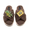 Laines London Women's Brown / Neutrals Laines Neutral Boucle Slippers With Olives & Olive Oil Brooches - Mink In Brown