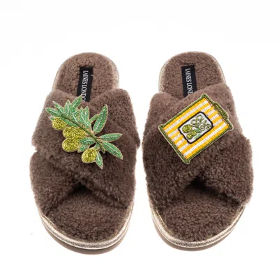 Laines London Women's Brown / Neutrals Laines Neutral Boucle Slippers With Olives & Olive Oil Brooches - Mink
