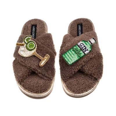Laines London Women's Brown / Neutrals Laines Neutral Boucle Slippers With Original Gin & Glass Brooches - Mink
