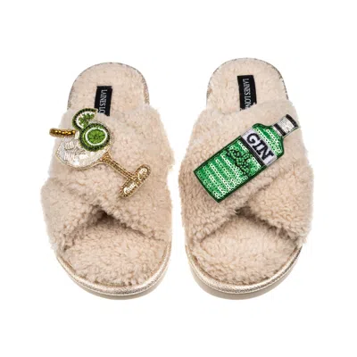 Laines London Women's Brown / Neutrals Laines Neutral Boucle Slippers With Original Gin & Glass Brooches - Oatmeal