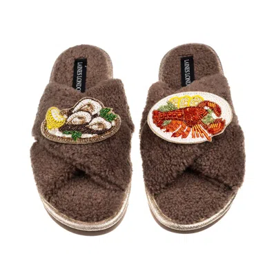 Laines London Women's Brown / Neutrals Laines Neutral Boucle Slippers With Oysters & Lobster Platter Brooches - Mi