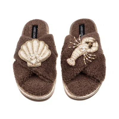 Laines London Women's Brown / Neutrals Laines Neutral Boucle Slippers With Pearl Shell & Lobster Brooches - Mink
