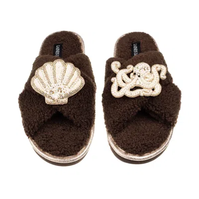 Laines London Women's Brown / Neutrals Laines Neutral Boucle Slippers With Pearl Shell & Octopus Brooches - Chocol