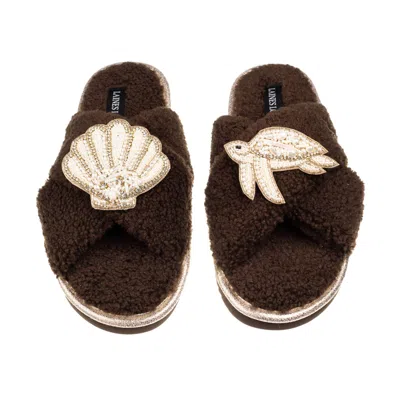 Laines London Women's Brown / Neutrals Laines Neutral Boucle Slippers With Pearl Shell & Turtle Brooches - Chocola