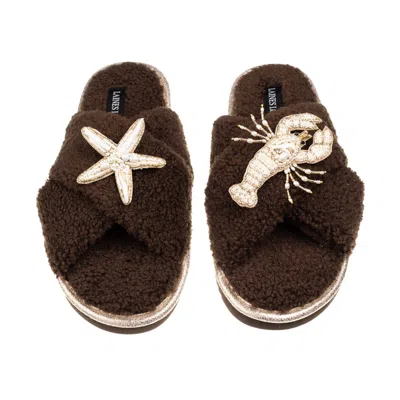 Laines London Women's Brown / Neutrals Laines Neutral Boucle Slippers With Pearl Starfish & Lobster Brooches - Cho
