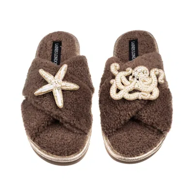 Laines London Women's Brown / Neutrals Laines Neutral Boucle Slippers With Pearl Starfish & Octopus Brooches - Min