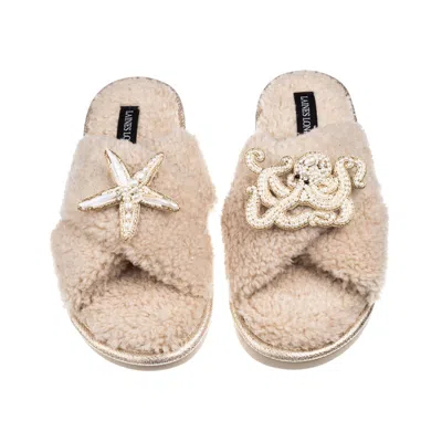 Laines London Women's Brown / Neutrals Laines Neutral Boucle Slippers With Pearl Starfish & Octopus Brooches - Oat