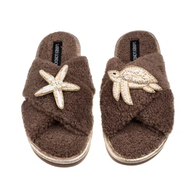 Laines London Women's Brown / Neutrals Laines Neutral Boucle Slippers With Pearl Starfish & Turtle Brooches - Mink