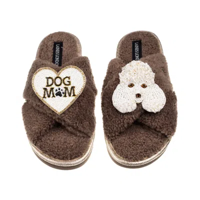 Laines London Women's Brown / Neutrals Laines Neutral Boucle Slippers With Pearl The Poodle & Dog Mum / Mom Brooch