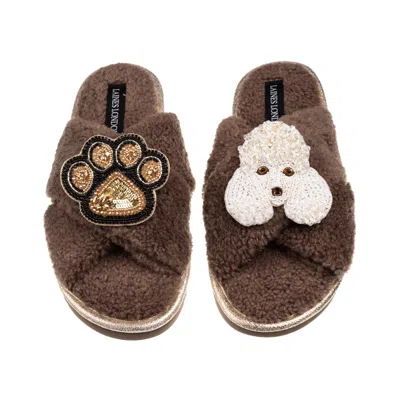 Laines London Women's Brown / Neutrals Laines Neutral Boucle Slippers With Pearl The Poodle & Paw Brooches - Mink