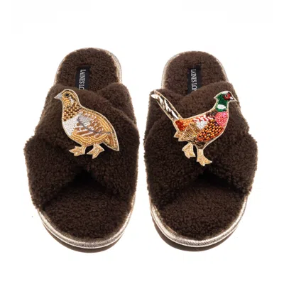 Laines London Women's Brown / Neutrals Laines Neutral Boucle Slippers With Pheasant & Hen Brooches - Chocolate