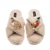 Laines London Women's Brown / Neutrals Laines Neutral Boucle Slippers With Pheasant & Hen Brooches - Oatmeal In Brown