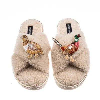 Laines London Women's Brown / Neutrals Laines Neutral Boucle Slippers With Pheasant & Hen Brooches - Oatmeal