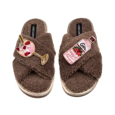 Laines London Women's Brown / Neutrals Laines Neutral Boucle Slippers With Pink Gin & Glass Brooches - Mink