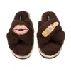 Laines London Women's Brown / Neutrals Laines Neutral Boucle Slippers With Pink Lips & Lipstick Brooches - Chocola