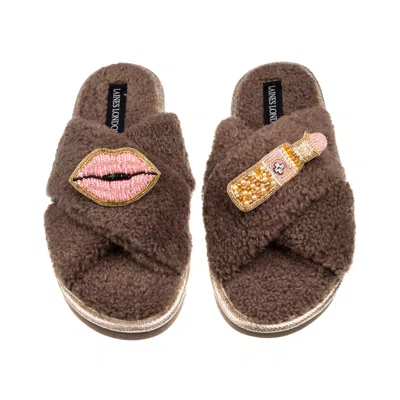 Laines London Women's Brown / Neutrals Laines Neutral Boucle Slippers With Pink Lips & Lipstick Brooches - Mink