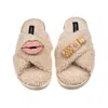 Laines London Women's Brown / Neutrals Laines Neutral Boucle Slippers With Pink Lips & Lipstick Brooches - Oatmeal