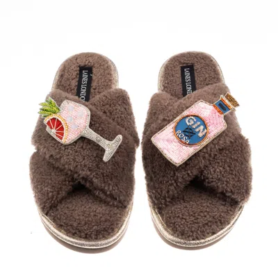 Laines London Women's Brown / Neutrals Laines Neutral Boucle Slippers With Pink Rosa & Grapefruit Gin Brooches - M