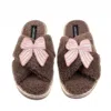 Laines London Women's Brown / Neutrals Laines Neutral Boucle Slippers With Pink Stripe Bow Brooches - Mink In Brown
