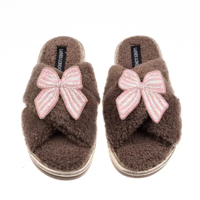 Laines London Women's Brown / Neutrals Laines Neutral Boucle Slippers With Pink Stripe Bow Brooches - Mink