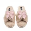 Laines London Women's Brown / Neutrals Laines Neutral Boucle Slippers With Pink Stripe Bow Brooches - Oatmeal In Brown
