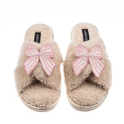 Laines London Women's Brown / Neutrals Laines Neutral Boucle Slippers With Pink Stripe Bow Brooches - Oatmeal