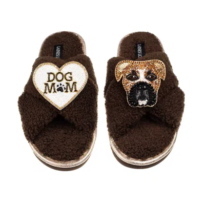 Laines London Women's Brown / Neutrals Laines Neutral Boucle Slippers With Pip The Boxer & Dog Mum / Mom Brooches 