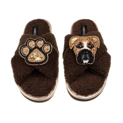 Laines London Women's Brown / Neutrals Laines Neutral Boucle Slippers With Pip The Boxer & Paw Brooches - Chocolat