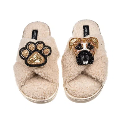 Laines London Women's Brown / Neutrals Laines Neutral Boucle Slippers With Pip The Boxer & Paw Brooches - Oatmeal
