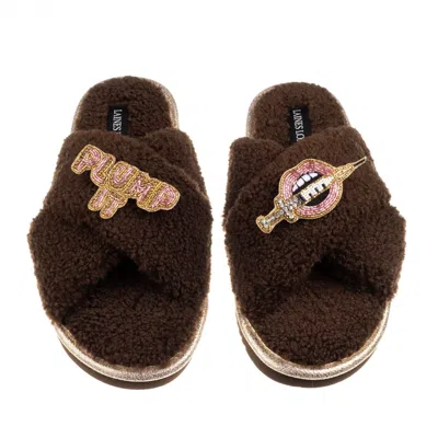 Laines London Women's Brown / Neutrals Laines Neutral Boucle Slippers With Plump It Pout Brooches - Chocolate
