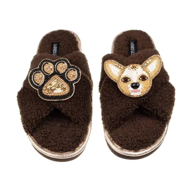 Laines London Women's Brown / Neutrals Laines Neutral Boucle Slippers With Princess Chihuahua & Paw Brooches - Cho