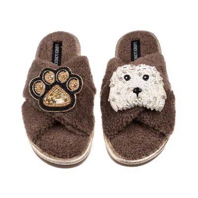 Laines London Women's Brown / Neutrals Laines Neutral Boucle Slippers With Queenie The Bichon & Paw Brooches - Min