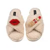Laines London Women's Brown / Neutrals Laines Neutral Boucle Slippers With Red Lips & Lipstick Brooches - Oatmeal