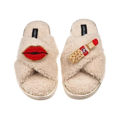 Laines London Women's Brown / Neutrals Laines Neutral Boucle Slippers With Red Lips & Lipstick Brooches - Oatmeal