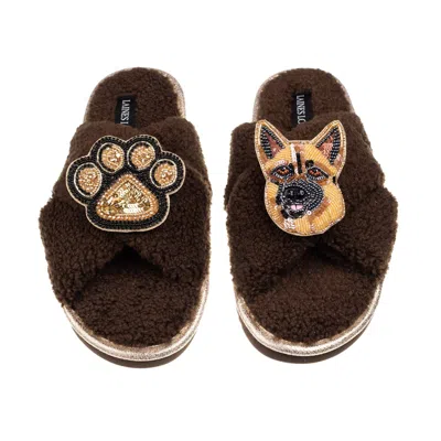 Laines London Women's Brown / Neutrals Laines Neutral Boucle Slippers With Roxy The German Shepherd & Paw Brooches