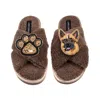 Laines London Women's Brown / Neutrals Laines Neutral Boucle Slippers With Roxy The German Shepherd & Paw Brooches
