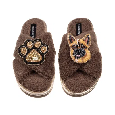 Laines London Women's Brown / Neutrals Laines Neutral Boucle Slippers With Roxy The German Shepherd & Paw Brooches