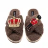 Laines London Women's Brown / Neutrals Laines Neutral Boucle Slippers With Royal Crown & Grenadier Guard Brooches  In Brown
