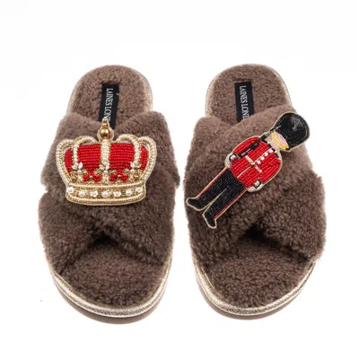Laines London Women's Brown / Neutrals Laines Neutral Boucle Slippers With Royal Crown & Grenadier Guard Brooches 