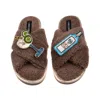 Laines London Women's Brown / Neutrals Laines Neutral Boucle Slippers With Sapphire Gin & Glass Brooches - Mink