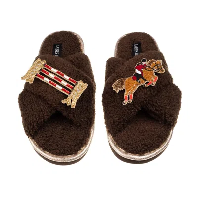 Laines London Women's Brown / Neutrals Laines Neutral Boucle Slippers With Show Jumper Brooches - Chocolate