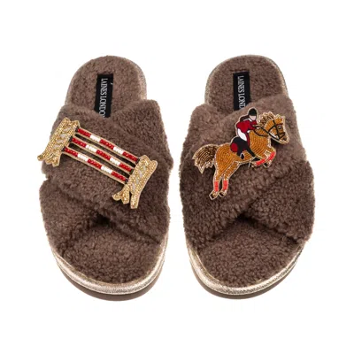 Laines London Women's Brown / Neutrals Laines Neutral Boucle Slippers With Show Jumper Brooches - Mink