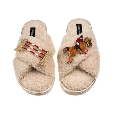Laines London Women's Brown / Neutrals Laines Neutral Boucle Slippers With Show Jumper Brooches - Oatmeal