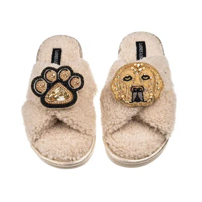 Laines London Women's Brown / Neutrals Laines Neutral Boucle Slippers With Skip The Golden Lab & Paw Brooches - Oa