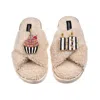Laines London Women's Brown / Neutrals Laines Neutral Boucle Slippers With Stripe 18th Birthday & Cake Brooches - 