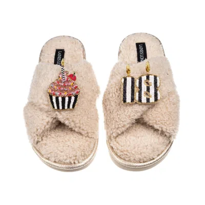Laines London Women's Brown / Neutrals Laines Neutral Boucle Slippers With Stripe 18th Birthday & Cake Brooches - 